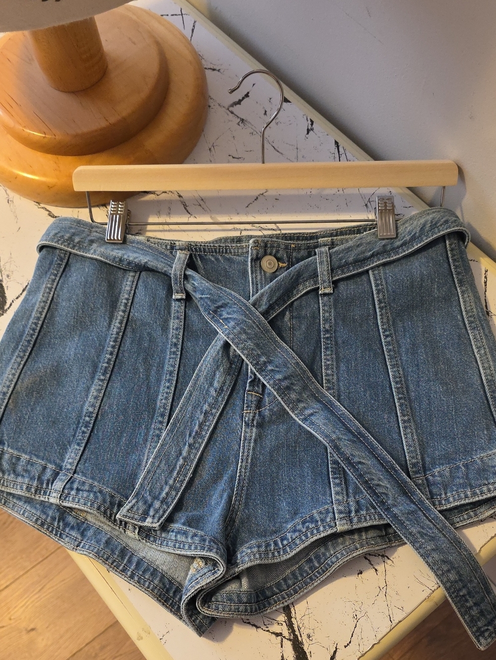 AllSaints Light Blue Denim High-Waist Tie-Front Shorts
